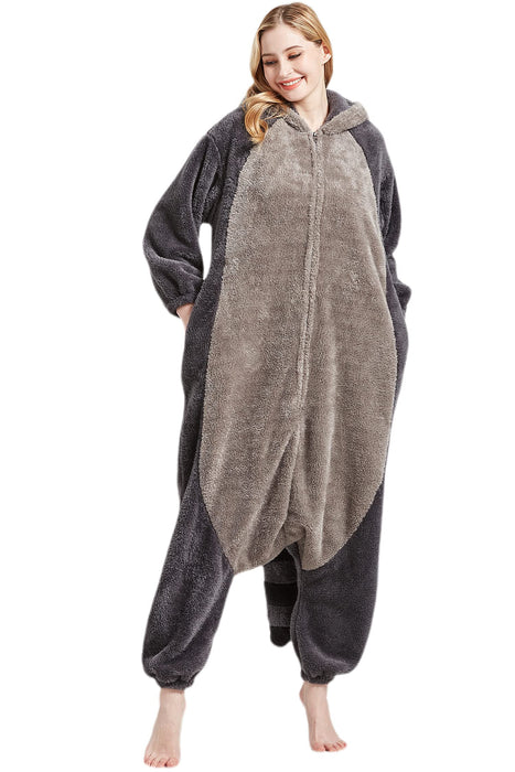 DarkCom Onesie Christmas Pajamas Adult Animal Halloween Costume Cosplay Gray Raccoon One Piece Unisex Homewear Polar Fleece Sleepwear Large