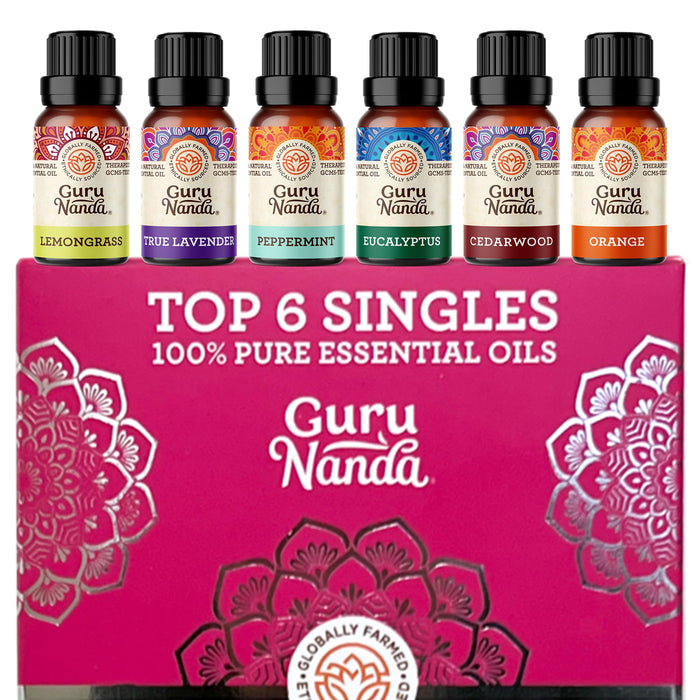 GuruNanda Essential Oils Set for Diffusers, 100% Pure, Aromatherapy, Massage, Skin Care, Candle and Soap Making Lavender, Peppermint, Eucalyptus, Orange, Lemongrass, Cedarwood 0.33 Fl Oz (Pack of 6)