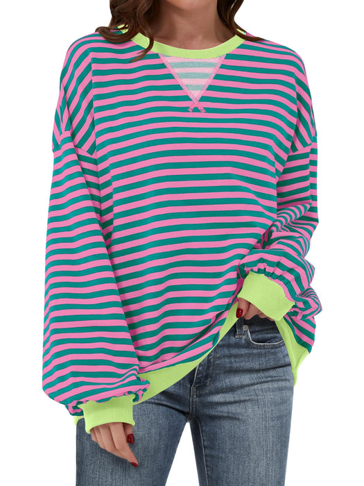 ANRABESS Women Striped Sweatshirt Long Sleeve Shirts Crewneck Oversized Casual Pullover Top 2024 Fall Fashion Outfits Clothes Pink Green Large