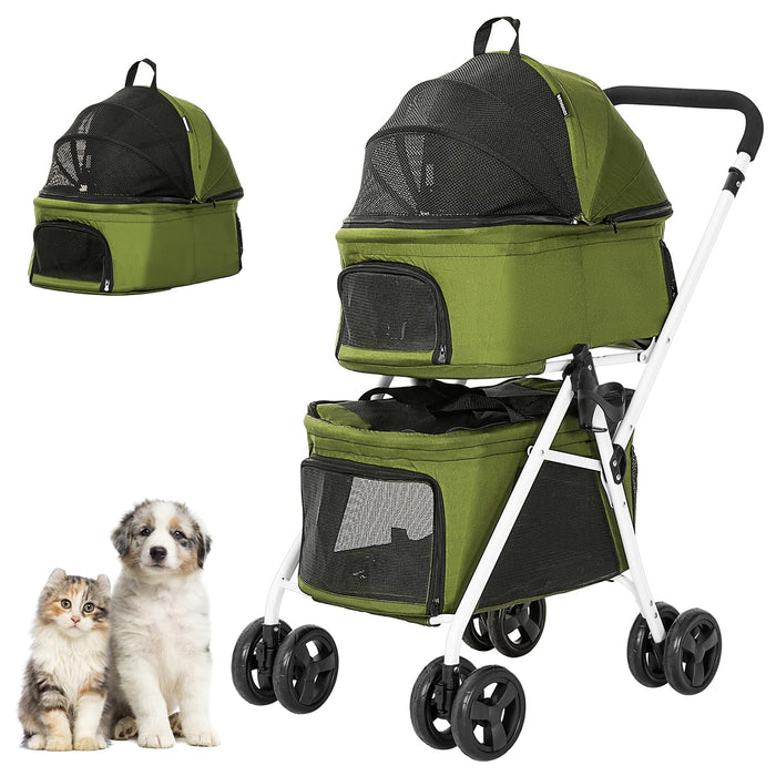 BETSOCCI Double Dog Stroller with 2 Detachable Carrier, Portable Pet Stroller for Small Dogs & Cats Folding Lightweight Puppy Travel Carriage, 4 Wheels, Olive Green