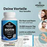 Biotin 10000 mcg hochdosiert vegan, 10 mg reines Biotin (Vitamin B7), für Haarwuchs & Haut, 180 Tabletten für 6 Monate, Natürliche Nahrungsergänzung ohne Zusatzstoffe, Made in Germany