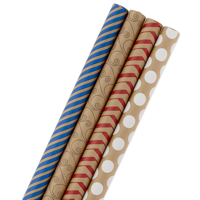 Hallmark All Occasion Reversible Wrapping Paper - Gold & Kraft Stripes, Triangles, Chevron, Polka Dots