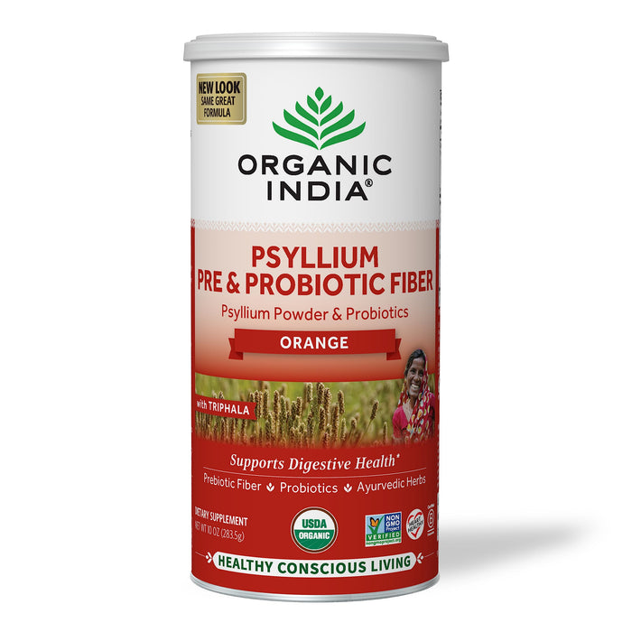 ORGANIC INDIA Psyllium Husk Pre & Probiotic Fiber - Psyllium Husk Powder, Keto, Paleo, Vegan, Gluten Free, Dietary Fiber Power, Psyllium Husk Whole - Orange Flavor, 10 Oz