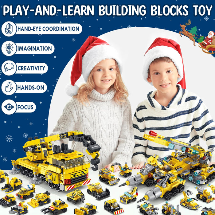 Kids Advent Calendar 2024 for Boys, 24 Days Christmas STEM Construction Vehicles Building Blocks Countdown Calendar Gifts Box with 12-in-1 Engineering Truck Bricks Toys Set for Kids Teens Girls Age 6+