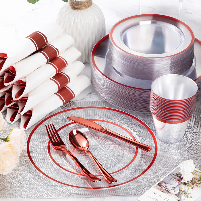 Goodluck 175 Piece Red Plastic Dinnerware Set for Party, Clear Disposable Plates for 25 Guests, Include: 25 Dinner Plastic Plates, 25 Dessert Plates, 25 Pre Rolled Napkins with Cutlery Set, 25 Cups