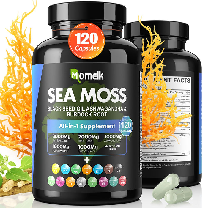 Sea Moss 3000mg Ashwagandha 1000mg Black Seed Oil 2000mg Turmeric 1000mgBurdock 1000mg Bladderwrack 1000mg & Vitamin C & D3 with Elderberry Manuka Dandelion Yellow Dock Iodine Chlorophyll ACV-120Pills