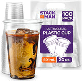 Stack Man [100 Pack - 20 oz.] Clear Disposable Plastic Cups PET Crystal Clear Disposable 20oz Plastic Cups