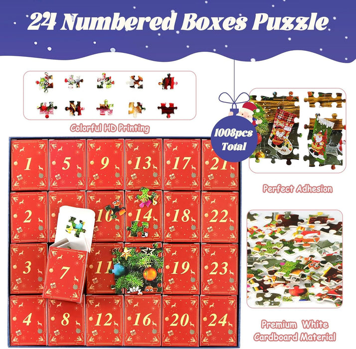 Advent Calendar Puzzle Christmas Puzzle for Adults and Kids-Christmas Surprise, 24 Days 1008 Pieces Christmas Calendar Countdown Advent Puzzle, Christmas Gifts for Kids Teens Adults(27.6 in x 19.7 in)