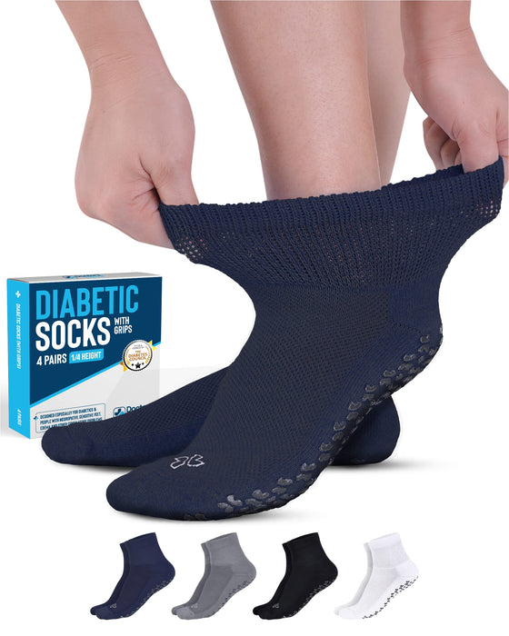 Diabetic Socks with Grips for Women and Men - 4 Pair | Black, White, Navy, Gray| Neuropathy Socks | Non Slip Socks for Elderly | Slipper Socks with Grippers | Diabetic Ankle Socks for Men