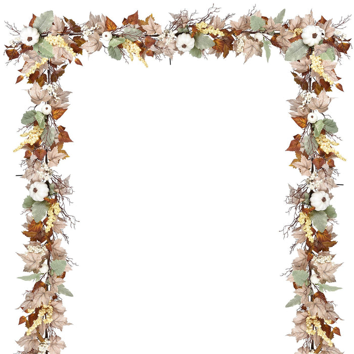 DearHouse Fall Garland Maple Leaf, 5.9Ft Hanging Vine Garland White with Pumpkins and Berries Thanksgiving Decor for Home Wedding Fireplace Party Christmas (White&Brown)