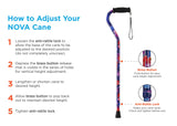 NOVA Sugarcane, Walking Cane with All Terrain Rubber Quad Tip Base and Carrying Strap, Proud Peacock Design