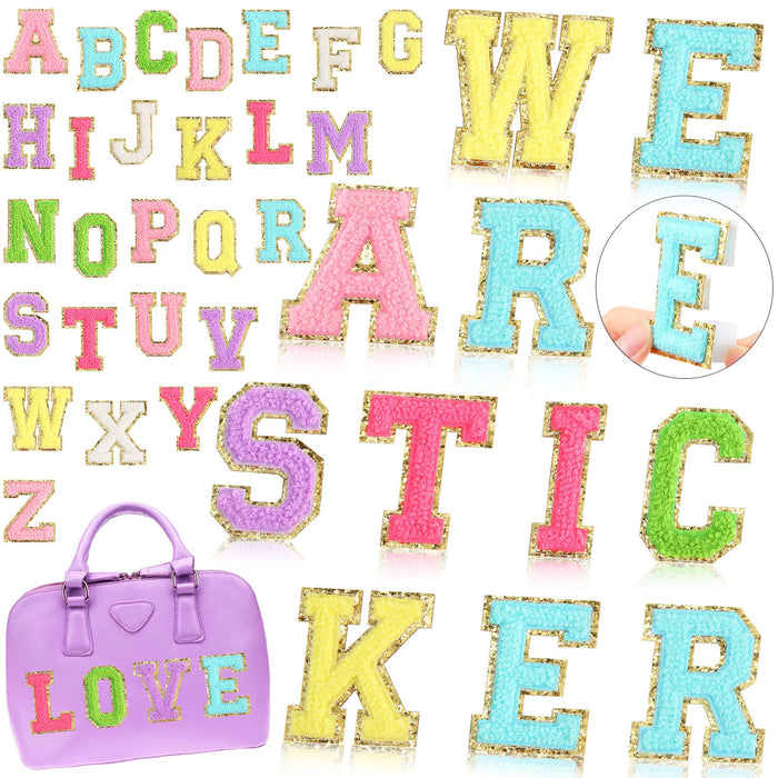 WILLBOND 52 Pcs Chenille Letter Patches Bulk Self Adhesive Letter Patches for Backpacks Stick on Letters Embroidered Applique Patch for Clothing Hats Halloween Christmas Supplies(Multicolor)