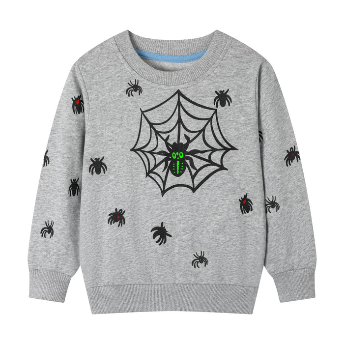 HILEELANG Little Boy Sweatshirts Halloween Grey Spider Graphic Crewneck Long Sleeve Pullover Cotton Top Sweater Shirts 6 Years