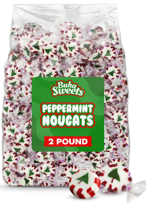 Bulk Christmas Peppermint Nougats 2 lb Pack - Soft Chewy Mint Candy with Green Christmas Tree Center - Individually Wrapped Holiday Candies for Candy Bowls, Parties & Gifts (Approx 110 Pieces)