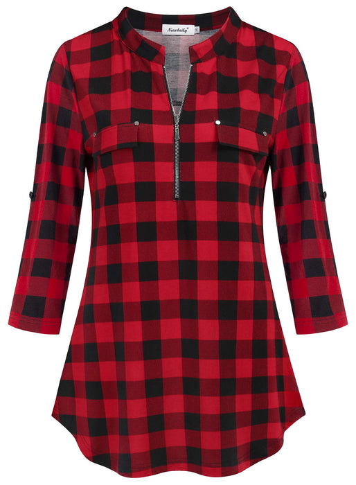 Ninedaily Christmas Shirts for Women, Blouses Fall Fashion Tunic Tops for Leggings Clothes Business Casual Clothing Checkered Shirts Day Friday 2024 Black Red Plaid Shirt Loose Fitting,M