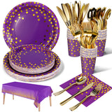 Nkaiso 141 Pieces Purple Gold Party Supplies, Party Dinnerware Sets Include Paper Plates Napkins Cups Silverware, for Wedding Bridal Shower Engagement Birthday Parties Decoration -20 Serves