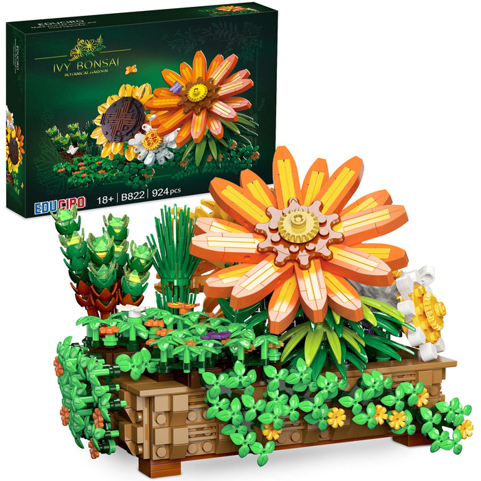 Under the Baubles Flower Botanical Bonsai Building Set - 924pcs, Home Decor, Mother's Day, Valentine's Day, Christmas for Adults and Kids, Climbing Ivy, Sunflower, Chrysanthemum.