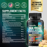 Botanify Sea Moss 7000mg, Black Seed Oil 4000mg, Ashwagandha 2000mg, Turmeric 2000mg, Bladderwrack 2000mg, Burdock 2000mg, Ginger, Vitamin C, Vitamin D3, Elderberry, Manuka, Dandelion, Yellow Dock