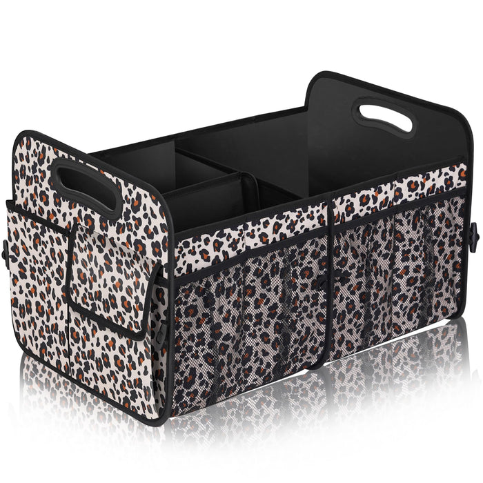 Femuar Car Trunk Organizer, Large Capacity Collapsible Trunk Storage with 11 Pockets, Waterproof, Non-Slip, Suitable for Car, SUV, Truck, Van, Jeep, Sedan, Leopard Print