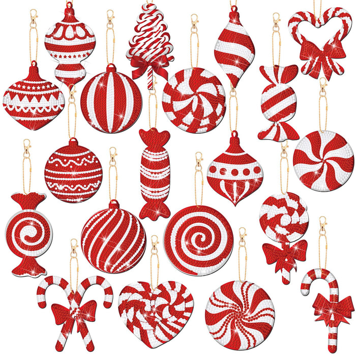 Tondiamo 20 Pcs Christmas Diamond Painting Keychain Kits 5D DIY Diamond Art Pendants Double Sided Candy Cane Hanging Diamond Painting Key Chains for Christmas Party Decoration Kids DIY Ornaments