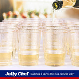 JOLLY CHEF 100 Pack 10 oz Gold Plastic Cups, Disposable Gold Glitter Plastic Cups, Clear Plastic Tumblers, Wedding, Halloween, Christmas Party Cups