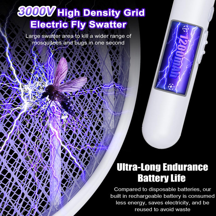 Electric Fly Swatter Racket 3000V Bug Zapper 2 in 1 Mosquito Zapper USB Rechargeable, 1200mAh Mosquitoes Killer Lamp & Fly Zapper with 3 Layer Safety Mesh for Home, Bedroom, Kitchen, Patio (2 Pack)