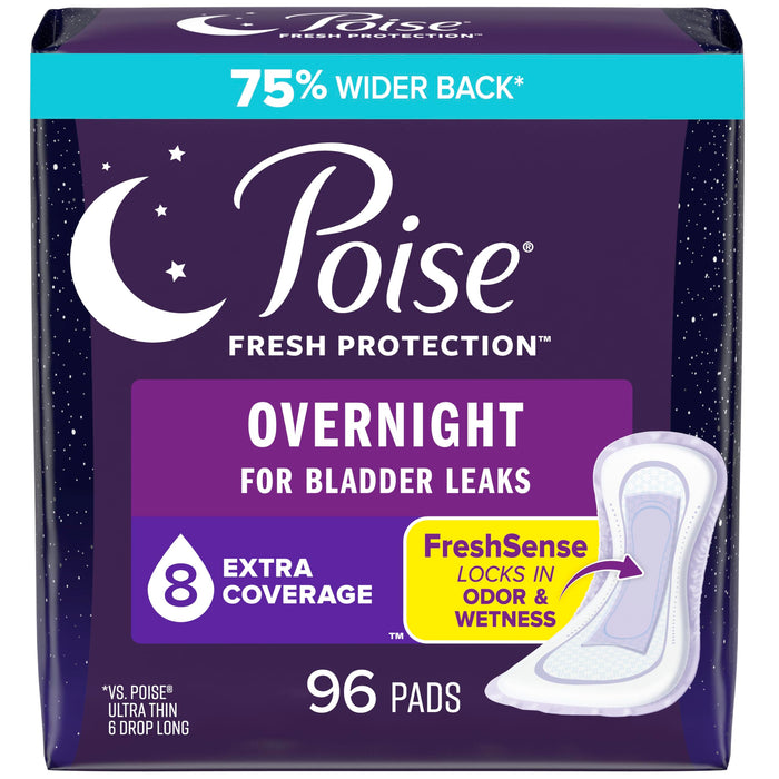 Poise Incontinence Pads & Postpartum Overnight Incontinence Pads, 8 Drop Extra Coverage, 96 Count (4 Packs of 24), Packaging May Vary