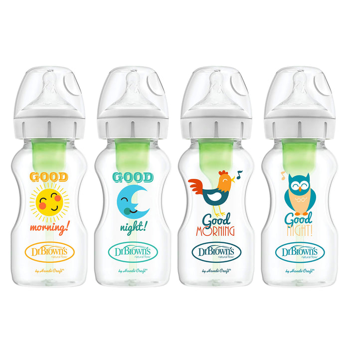 Dr. Brown's Natural Flow Anti-Colic Options+ Wide-Neck Baby Bottles, 9 oz/270 mL, with Level 1 Slow Flow Nipple, 4 Pack Good Morning/Good Night Gift Set