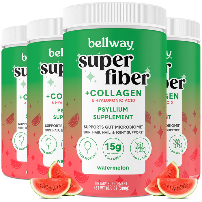 Bellway Super Fiber Powder + Collagen (4 Pack), Sugar-Free Psyllium Husk Powder with Hydrolyzed Collagen Peptides for Gut Health, Healthy Skin, Nails, Bones & Joints, Watermelon (42.4 oz)