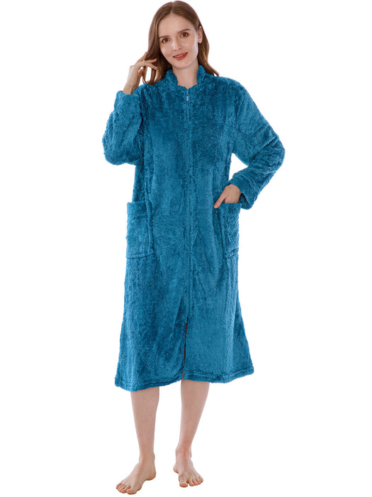 PAVILIA Womens Housecoat Zip Robe, Sherpa Zip Up Front Robe Bathrobe, Fuzzy Warm Zipper House Coat Lounger for Women Elderly with Pockets, Fluffy Fleece Long Plus Size, Teal Sea Blue (2X/3X)