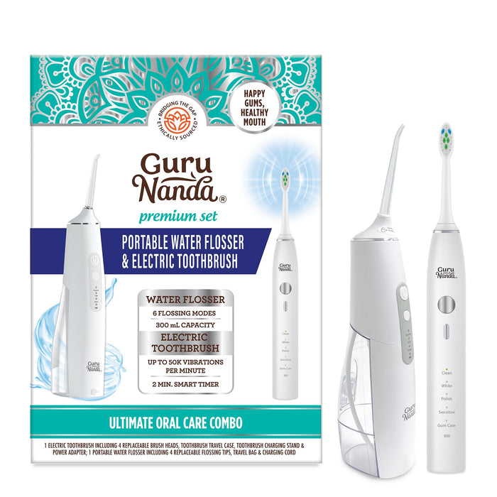 GuruNanda Lion & Lamb Kit (White) - Portable Water Flosser (300ml) with 4 Jet Tips & 5000 mAH Rechargeable Sonic Toothbrush with 4 Brush Heads & More