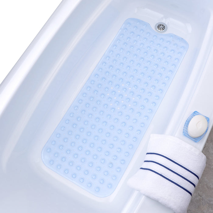 SlipX Solutions Power Grip Extra Long Bath Tub & Shower Mat 39x16, Wet Floor Non-Slip for Elderly & Kids Bathroom, 30% Longer Bathtub Mats, 200 Suction Cups, Drain Holes (1, Light Blue)