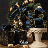 Ribbli Navy Velvet Wired Ribbon 2.5 Inch Metallic Navy Blue Gold Crushed Velvet Christmas Ribbon for Gift Wrapping Christmas Tree Decoration Crafts Wreaths Supplies-Continuous 10 Yards