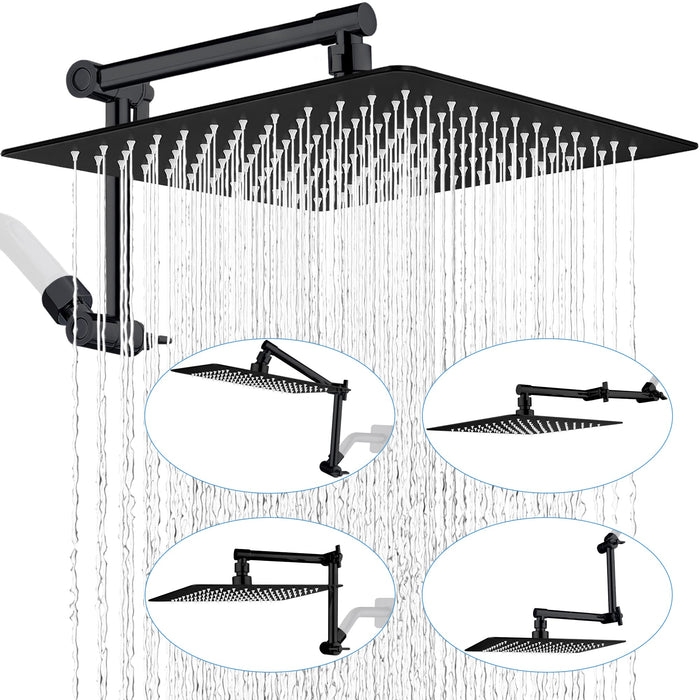 G-Promise All Metal 12 Inch Rain Shower Head with 15" Adjustable Extension Arm | High Pressure Rainfall Showerhead | Luxury Modern Look Square Large Waterfall Showerhead (Matte Black)