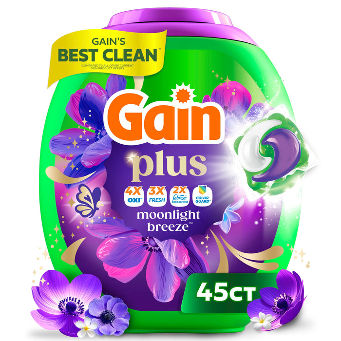 Gain Plus Flings Liquid Washing Detergent Pacs, Gain's Best Clean, All-In-One, Moonlight Breeze Scent, 45-Count Tub