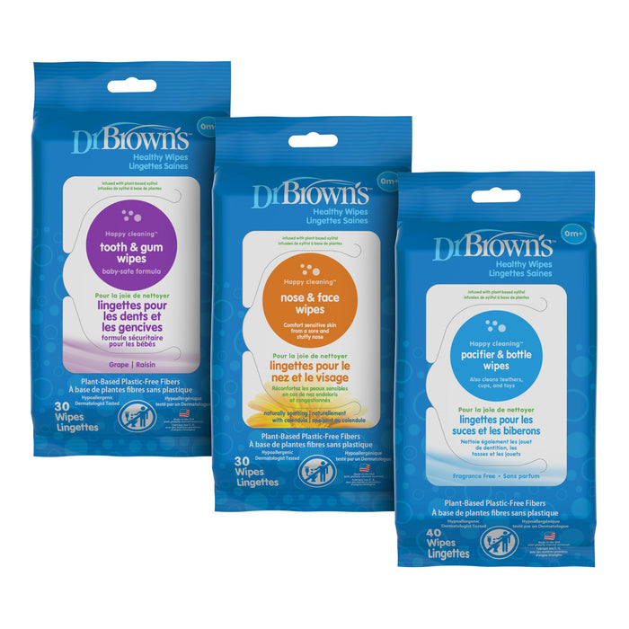 Dr. Brown's Healthy Wipes Variety Pack, Tooth and Gum, Nose and Face, Bottle and Pacifier, Cleaning Wipes, 100 count, 3-Pack Variety (Packaging May Vary)