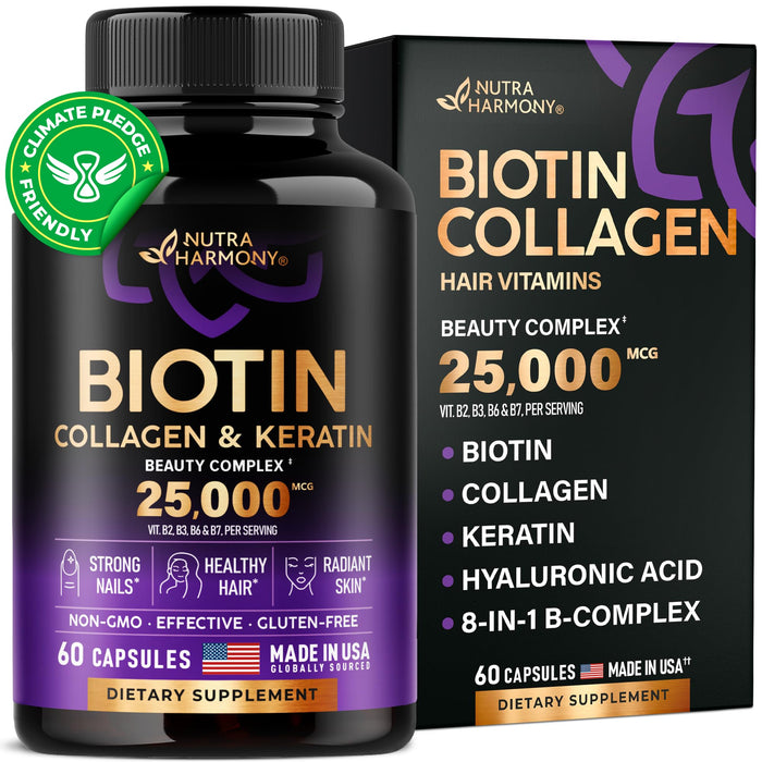 Biotin | Collagen | Keratin | Hyaluronic Acid - Hair Growth Support Supplement | Skin & Nails Beauty Complex 25000 mcg - B1 | B2 | B3 | B6 | B7 - Made in USA - For Women & Men | 60 Capsules