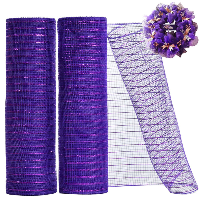 TONIFUL 2 Rolls 10 Inch Purple Decorative Mesh Ribbbon Rolls, Fabric Mesh with Foil for Mesh Wreath Supplies, Front Door Wreath Crafts Tree Decor Christmas NewYears Halloween Decoration (10 yds/roll)