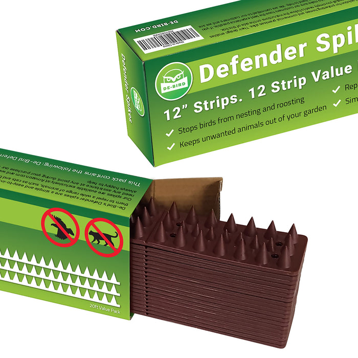 DE-BIRD Defender Spikes, Bird Deterrent & Cat Repellent Outdoor to Keep Cats Away, Easy-Install Plastic Bird Spikes Anti Theft Strips, 12pk [12 Foot]
