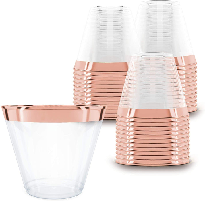 Prestee 100 Rose Gold Plastic Cups - 9 oz Hard Disposable Rose Gold Cups - Rose Gold Party Decorations - Plastic Wine Cups - Plastic Cocktail Glasses - Plastic Drinking Cups - Bulk Party Clear Cups