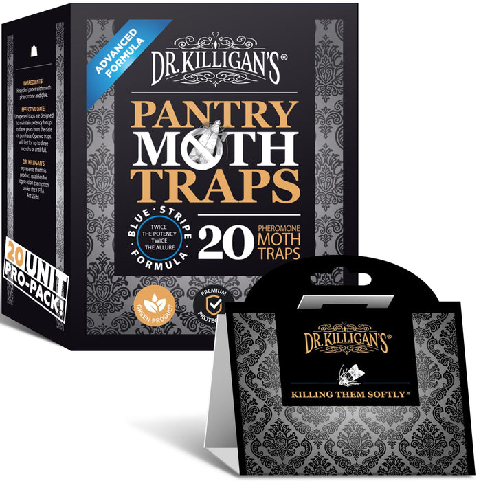 Dr. Killigan's Premium Double Potent Pantry Moth Traps with Pheromones Prime, Sticky Indian Meal Moth Traps for Kitchen, How to Get Rid of Moths in House (20 Pack, Black)