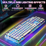 YSCP Typewriter Style Mechanical Gaming Keyboard RGB Backlit Wired with Blue Switch Retro Round Keycap 104 Keys Keyboard (White 104 Keys RGB)