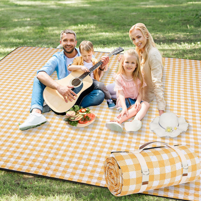 G GOOD GAIN Picnic Blankets Outdoor Extra Large - 80"x80" Portable Waterproof Picnic Blanket, Machine Washable 3-Layer Foldable Park Mat with Sandproof Backing for Grass, Hiking, Travel (Yellow)