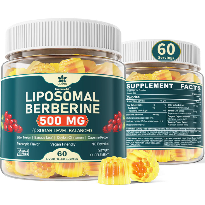 Berberine 500mg Supplement, Once Daily, Liposomal Berberine Gummies with Ceylon Cinnamon, Bitter Melon, Banaba Leaf for Metabolism Balanced, AMPK Activator, High Absorption, Sugar Free, Vegan, 60 Cts