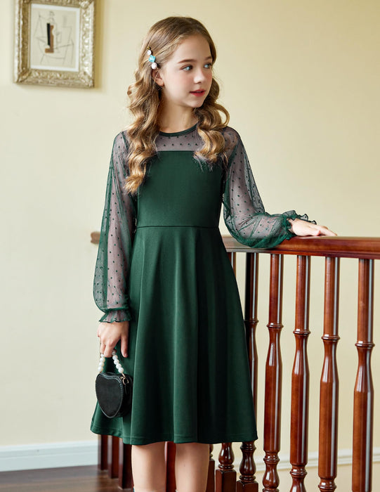 Arshiner Girl's Sheer Mesh Lantern Long Sleeve Green Christmas High Waist Elegant Party Short Dress 12-13 Years