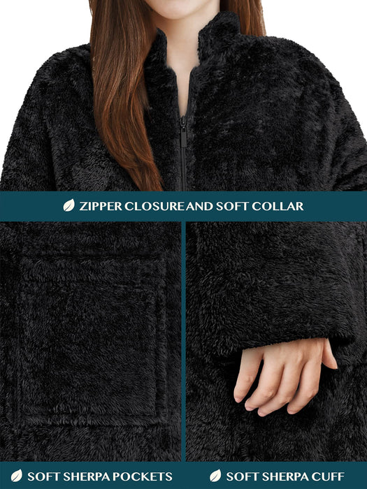 PAVILIA Womens Housecoat Zip Robe, Sherpa Zip Up Front Robe Bathrobe, Fuzzy Warm Zipper House Coat Lounger for Women Ladies Elderly with Pockets, Fluffy Fleece Long - Black (Small/Medium)