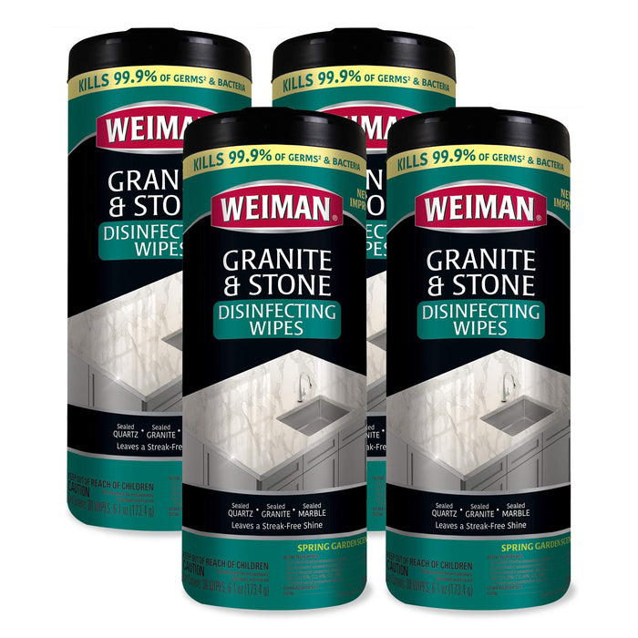 Weiman Granite Disinfectant Wipes - 30 Wipes - 4 Pack - Disinfect Clean and Shine Sealed Granite Marble Quartz Slate Limestone Soapstone Tile Countertops - Packaging May Vary