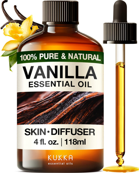 Kukka Vanilla Essential Oil for Diffuser & Skin - 4 Fl Oz - 100% Natural Vanilla Oleoresin Essential Oil - Long Lasting Vanilla Oil Perfume - Soap Making Scent & DIY