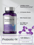 Horbäach Probiotics 120 Billion CFU | 14 Strains with Prebiotics | for Women & Men | 50 Capsules | Vegetarian, Non-GMO & Gluten Free Supplement