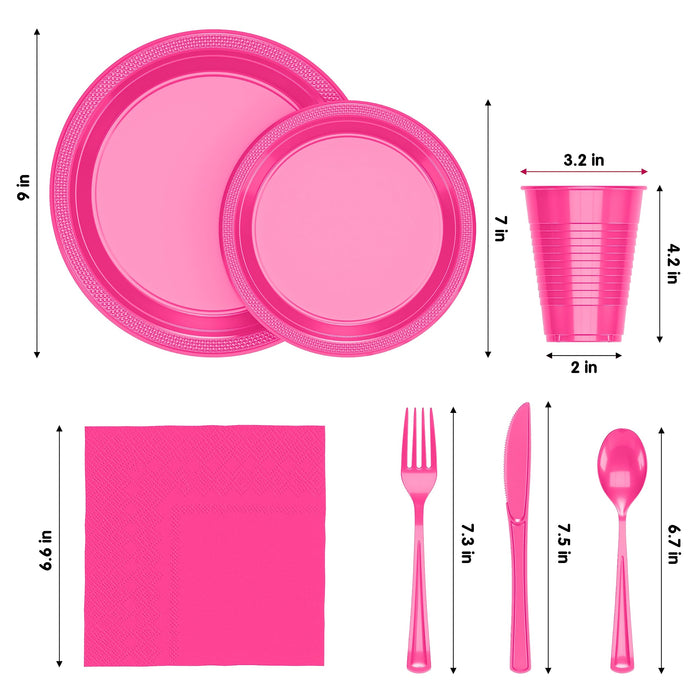 350 Pcs Plastic Dinnerware Set Includes 50 Of Each 9" Cerise Plastic Dinner Plates | 7" Plastic Dessert Plates | 12 oz Plastic Cups | Cerise Napkins | Plastic Spoons, Forks & Knives Exquisite